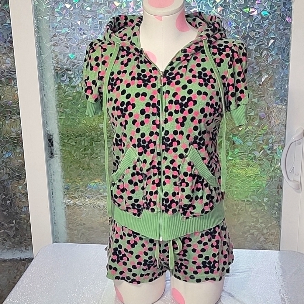 Y2k Vintage Juicy Couture Green Blue& Pink Polka Dot Matching Short Set SZ:M/S